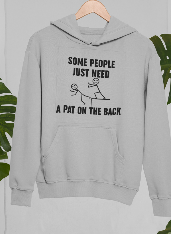 Light gray pullover hoodie with hood, front kangaroo pocket, and centered slogan graphic.