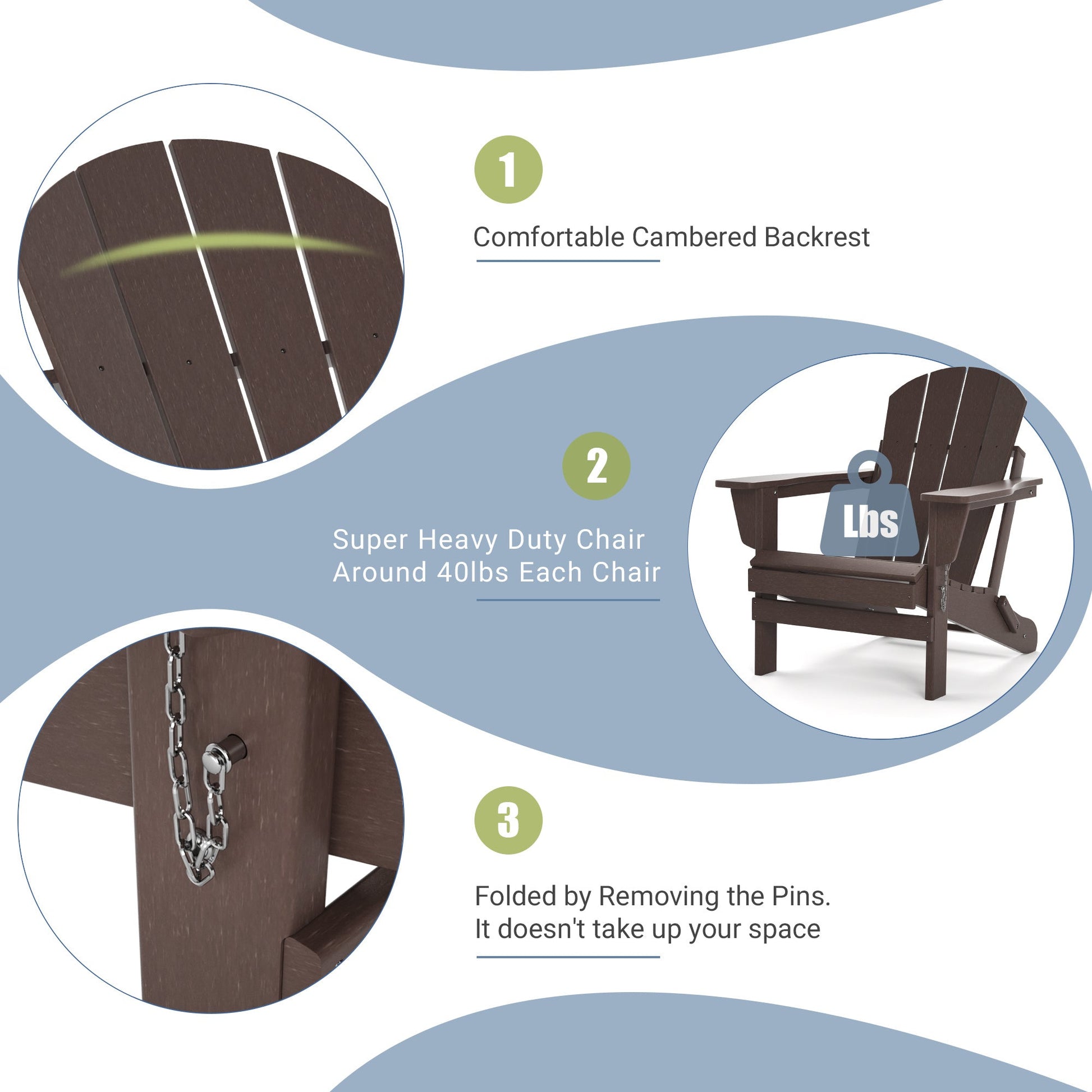 Folding adirondack chair in dark brown with chain-style fold hardware detail