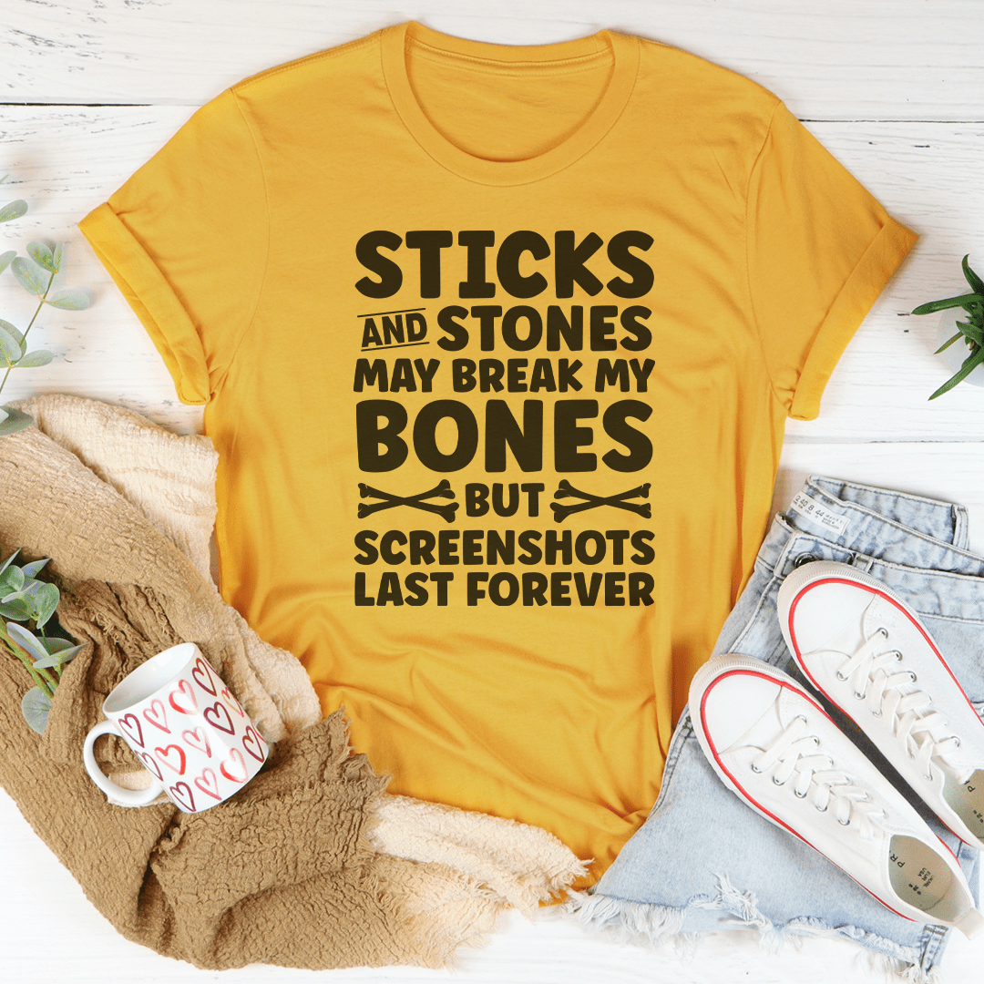 Mustard T-shirt with STICKS AND STONES bones graphic, crew neck