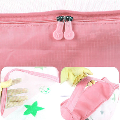 Pink packing cube with double zipper pulls and a patterned organizer panel