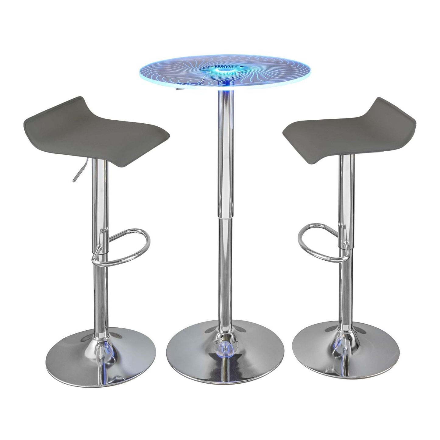 Spyra-Ale Contemporary Adjustable Bar Set in Chrome Metal, Clear Acrylic with Light Up Tabletop, and Grey PVC by - 3 Piece