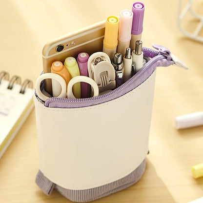 Lavender-and-white telescopic pen holder pencil case with zipper top and inner slots
