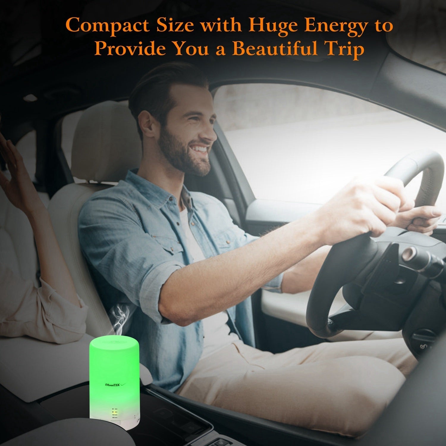 White mini ultrasonic aroma diffuser with glowing green LED light