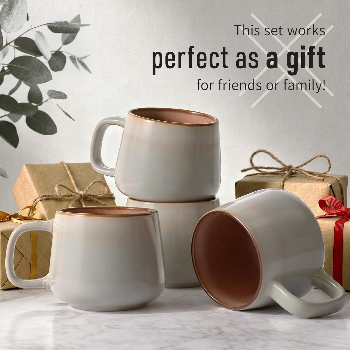 Small Ceramic Coffee Mugs Set of 4 | 8 oz Stoneware Coffee Cups | Lead-Free, Non-Toxic | Microwave & Dishwasher Safe | Comfortable Handle | Aesthetic Nordic Design for Cappuccino | Sage Ash