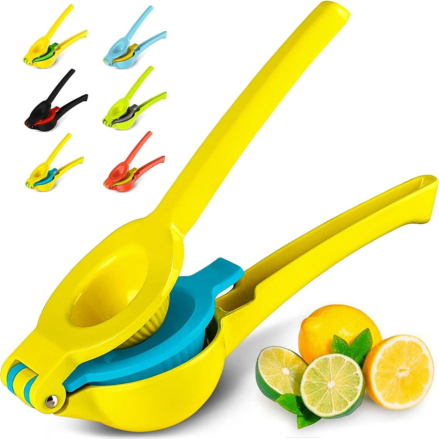 Yellow manual citrus juicer with blue press cone and long squeeze handle