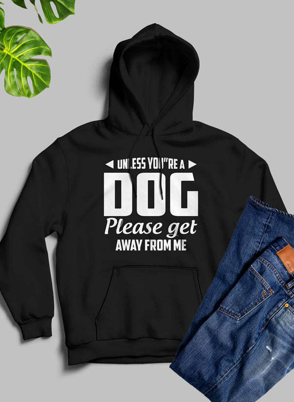Black hoodie with 'DOG' and 'Please get away from me' front print