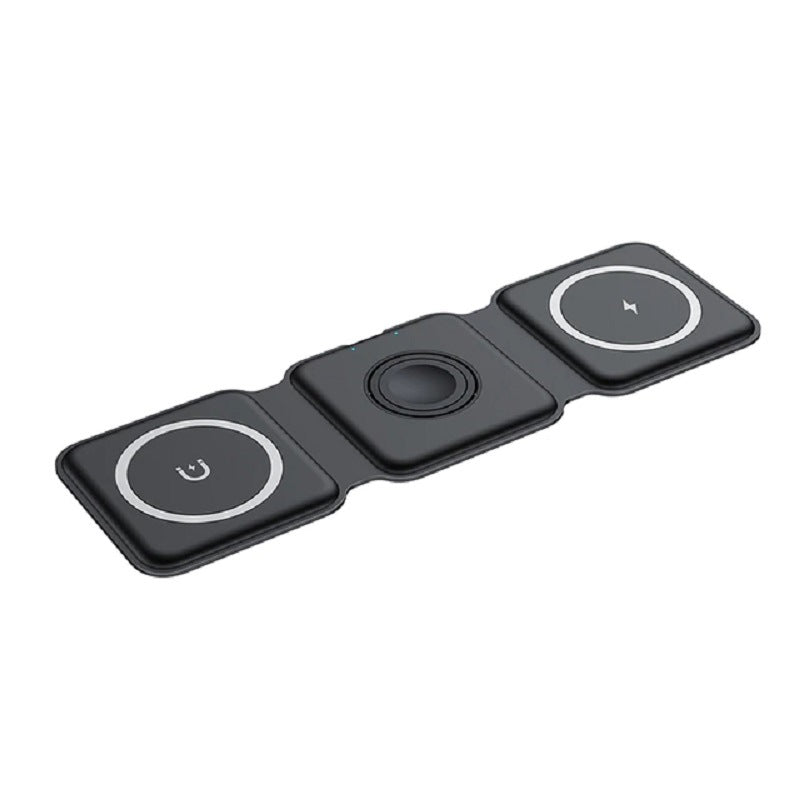 Foldable black wireless charging station with three circular pads and top charging area