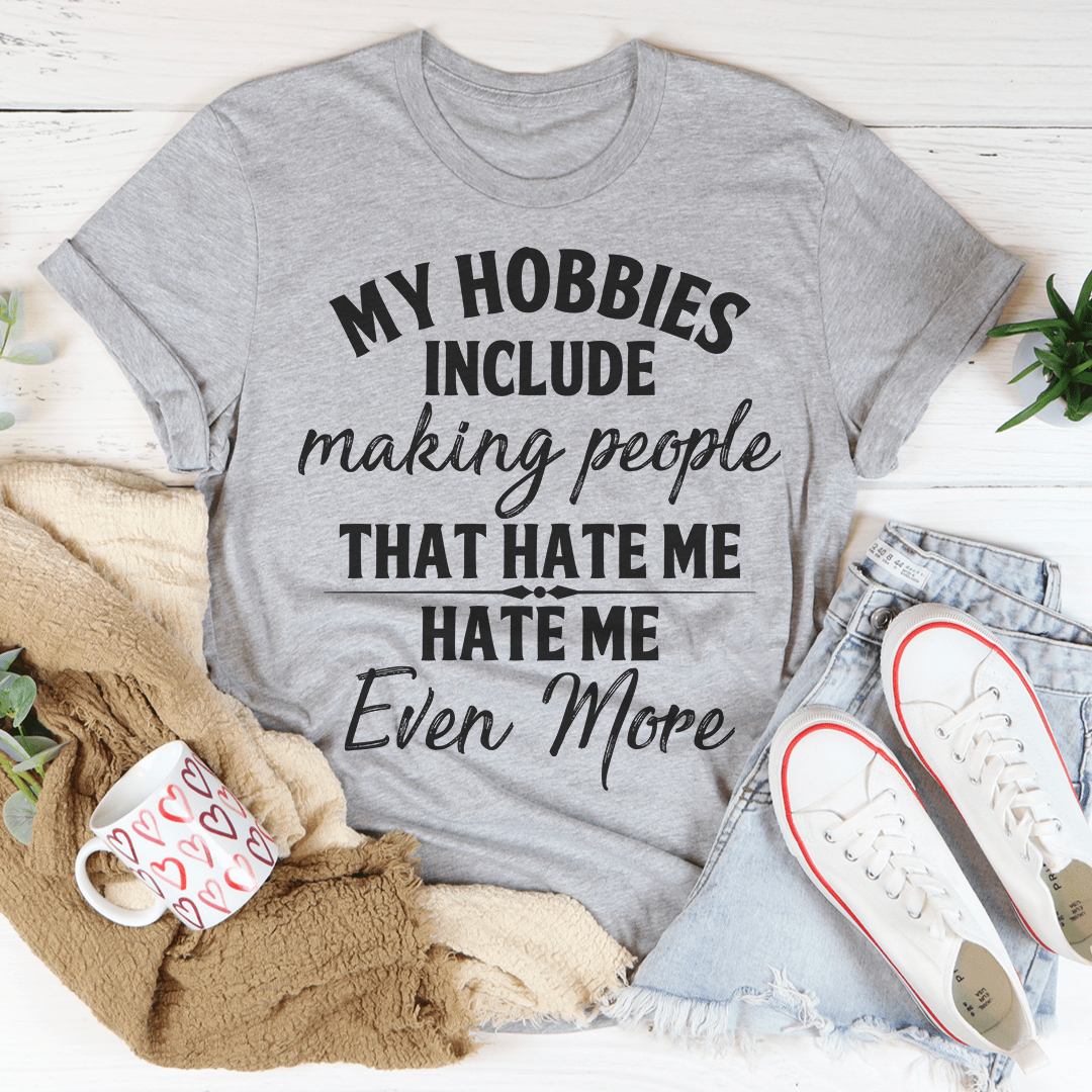 Athletic heather gray T-shirt with front 'My Hobbies' lettering and 'Even More' detail