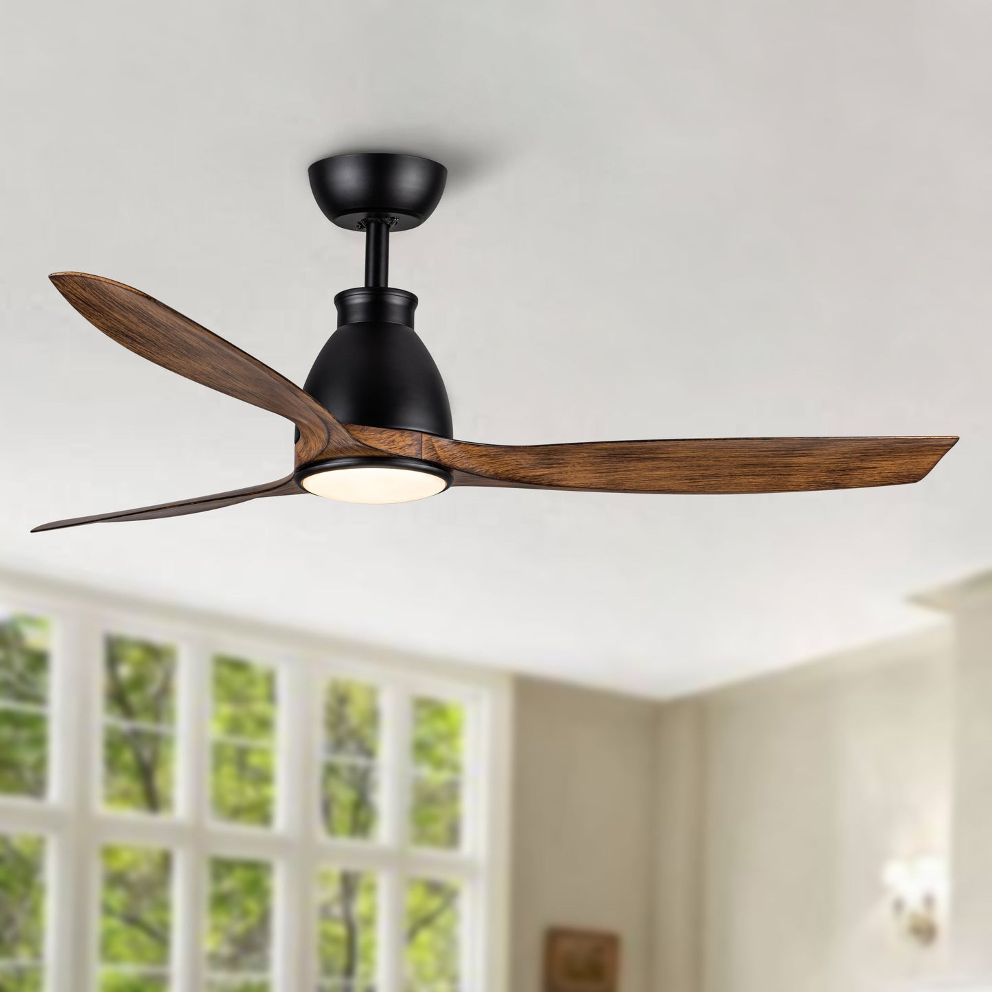 Black ceiling fan with wood blades and integrated round light fixture