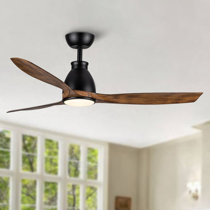 Black ceiling fan with wood blades and integrated round light fixture