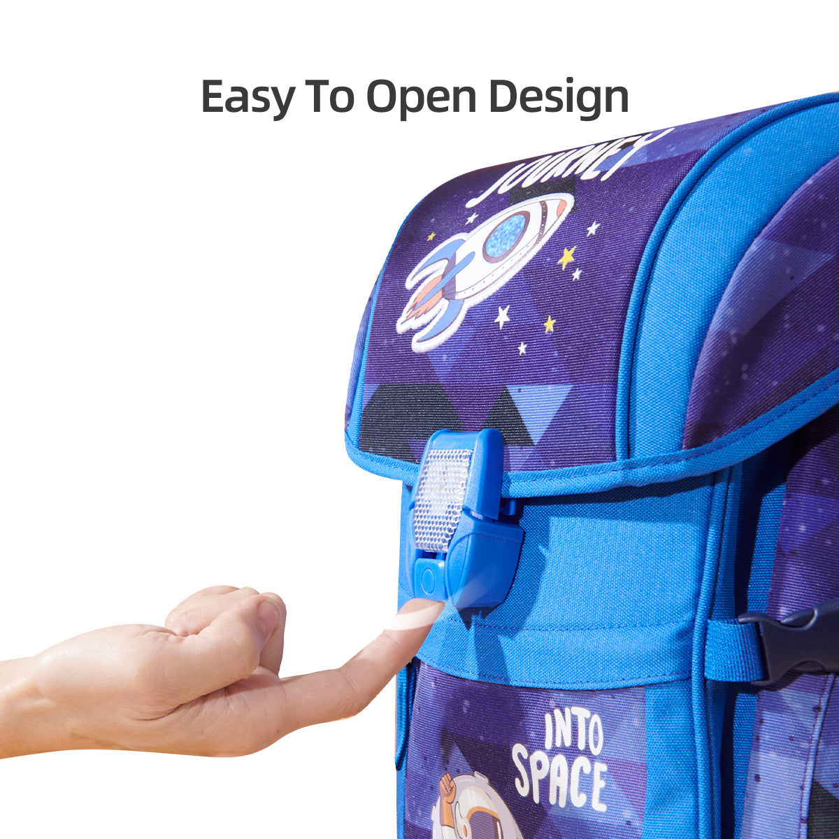 Children's blue backpack close-up with hand fastening the front buckle and strap