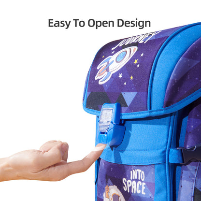 Children's blue backpack close-up with hand fastening the front buckle and strap