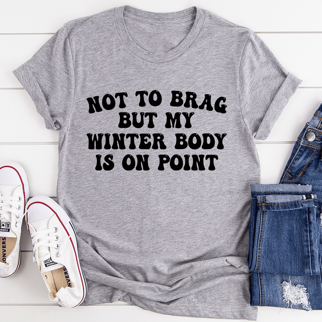 Gray crewneck T-shirt with bold slogan graphic on the front