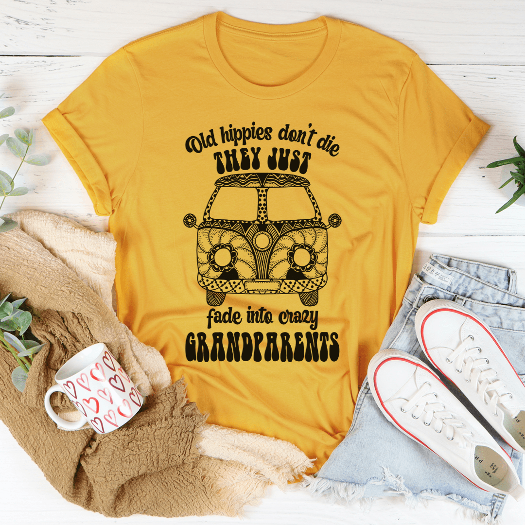 Mustard yellow graphic T-shirt with car illustration and stacked text