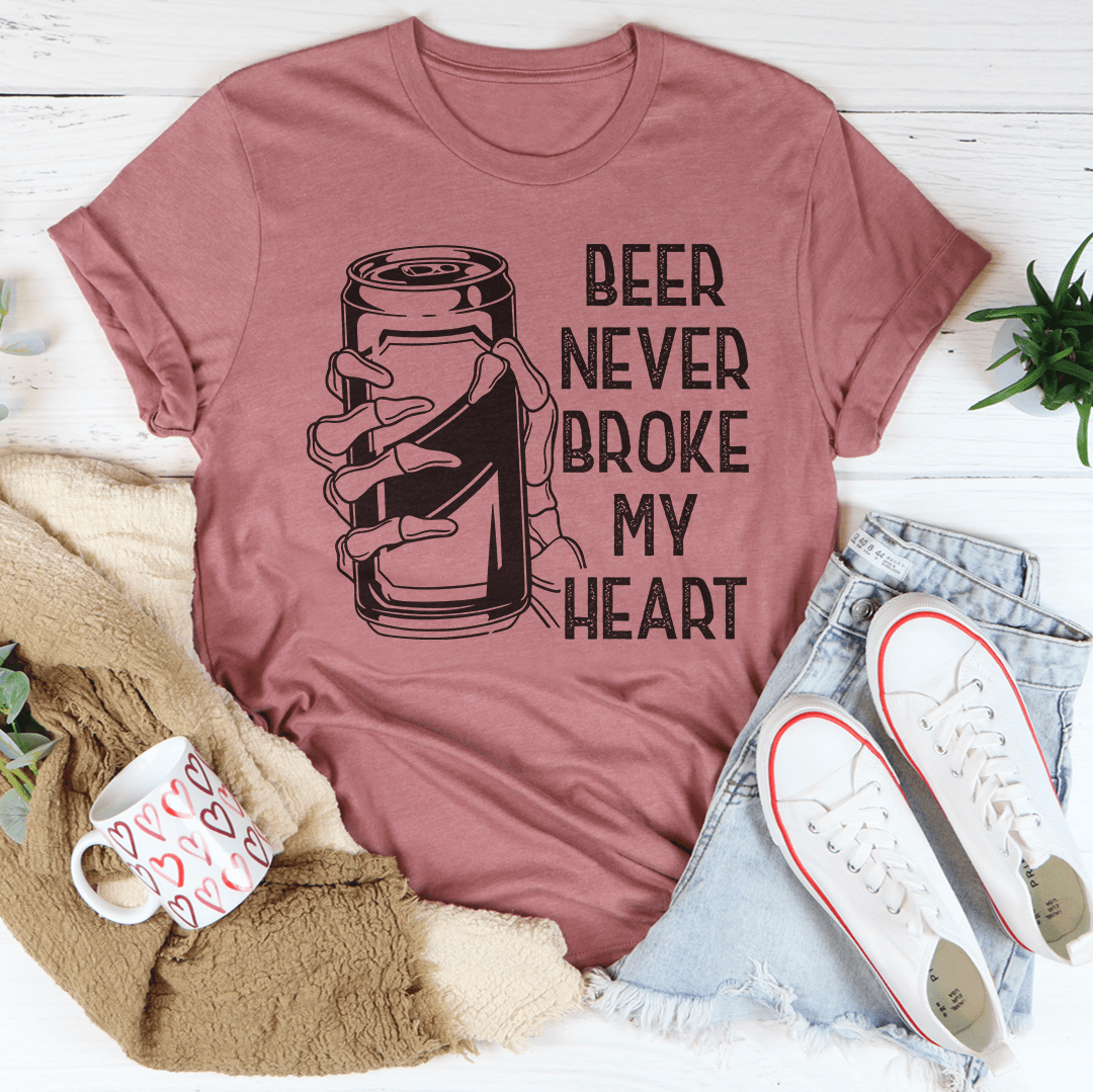 Mauve T-shirt with BEER NEVER BROKE MY HEART beer can graphic on front