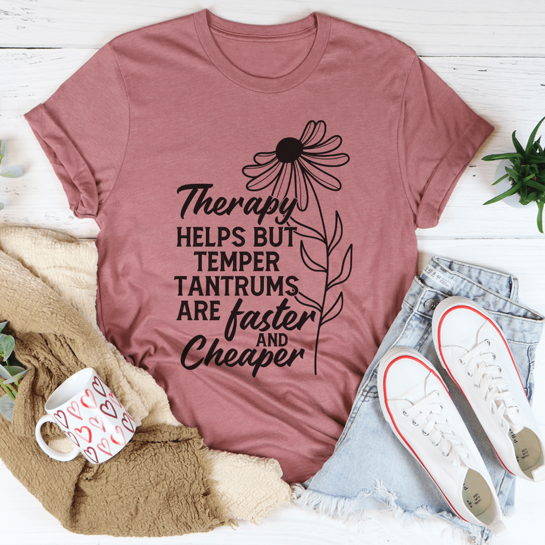 Mauve crew-neck T-shirt with flower and therapy/temper tantrums slogan
