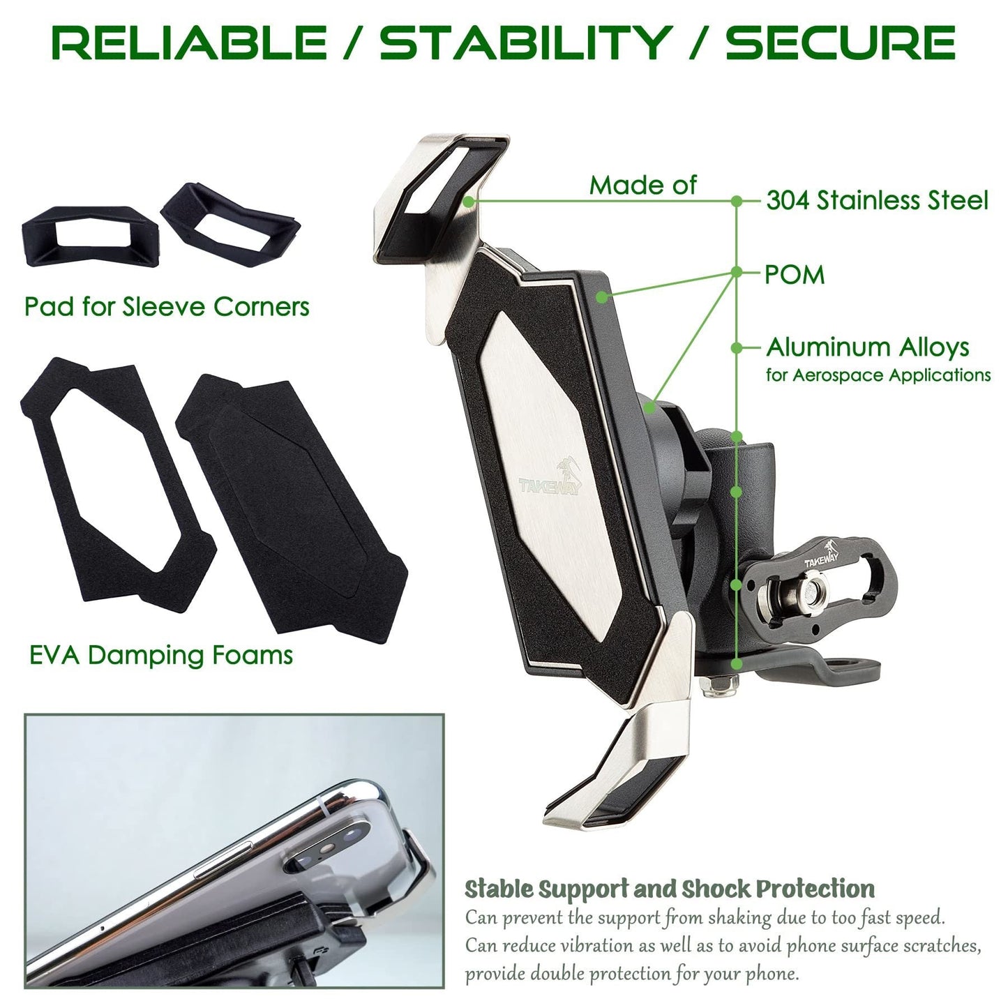 Motorcycle phone mount with protective foam pads and metal bracket for stability