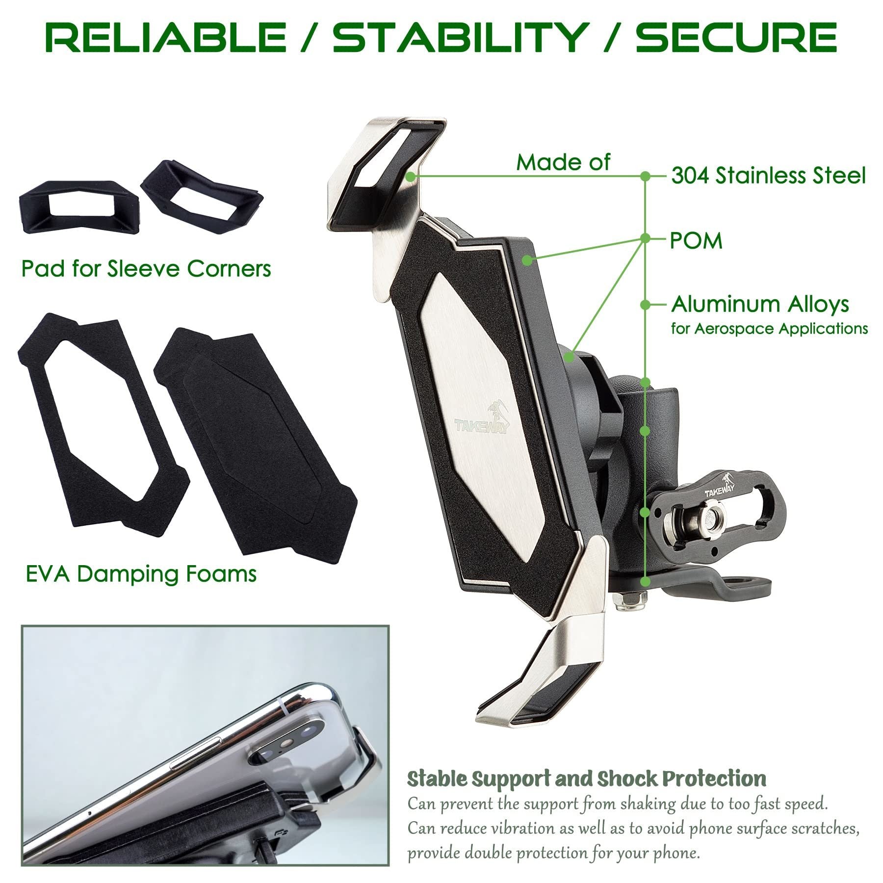 Motorcycle phone mount with protective foam pads and metal bracket for stability