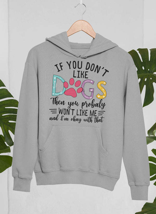 Athletic grey hoodie with large “DOGS” paw-print graphic and text on front