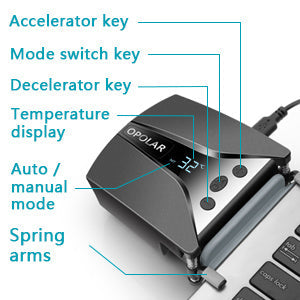 Black laptop fan cooler with control keys, temperature display, and spring arms