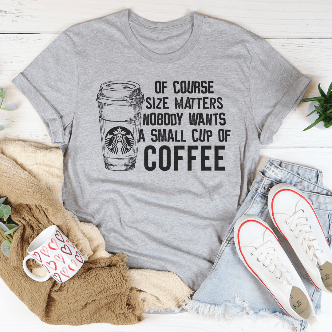 Athletic heather gray crew-neck T-shirt with coffee cup graphic and quote text print