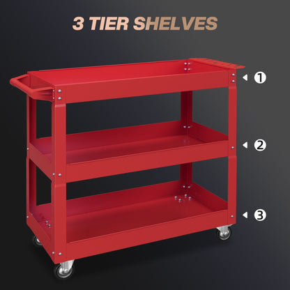 3 Tier Rolling Tool Cart with Wheels, 330 LBS Capacity Heavy Duty Utility Cart, Mobile Service Cart for Garage, Red