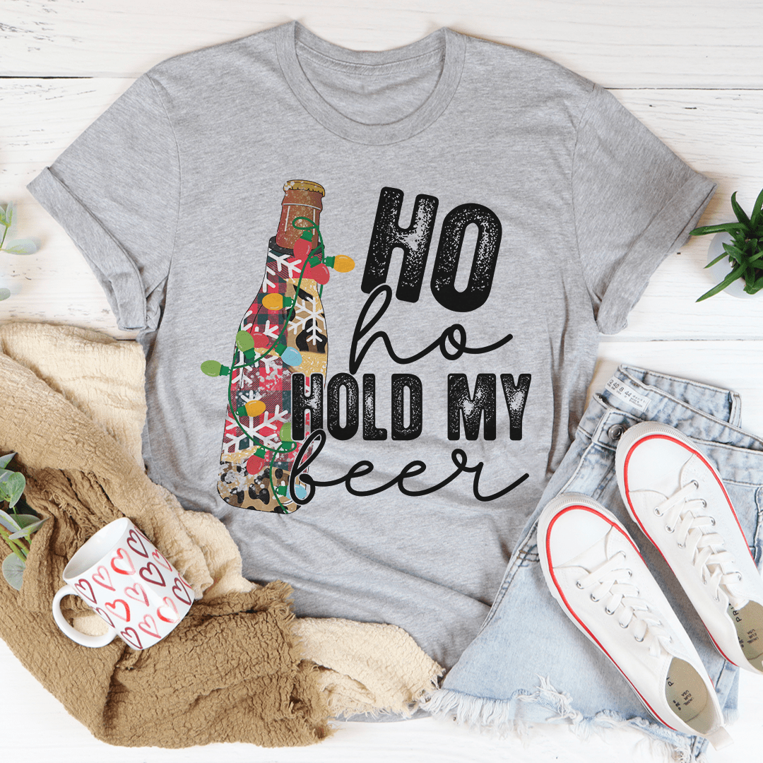 Dark gray T-shirt with holiday beer bottle graphic and “Ho ho Hold My beer” text