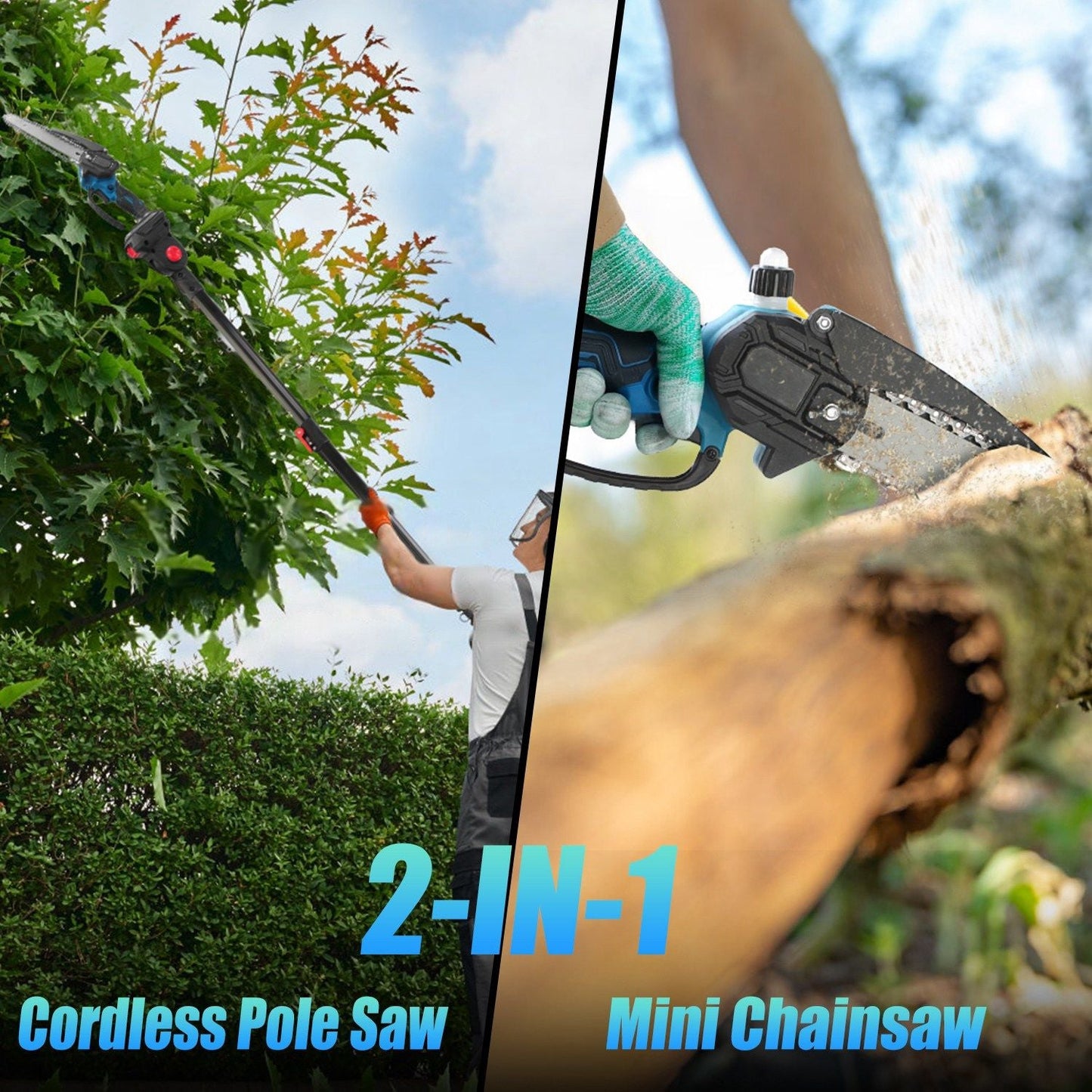 2-In-1 8' Cordless Electric Pole Saw and Mini Chainsaw with Extension Poles 2Pcs 21V 3.0Ah Batteries Adjustable Length Chain Saw With Auto Oiler Safety Switch For Wood Cutting