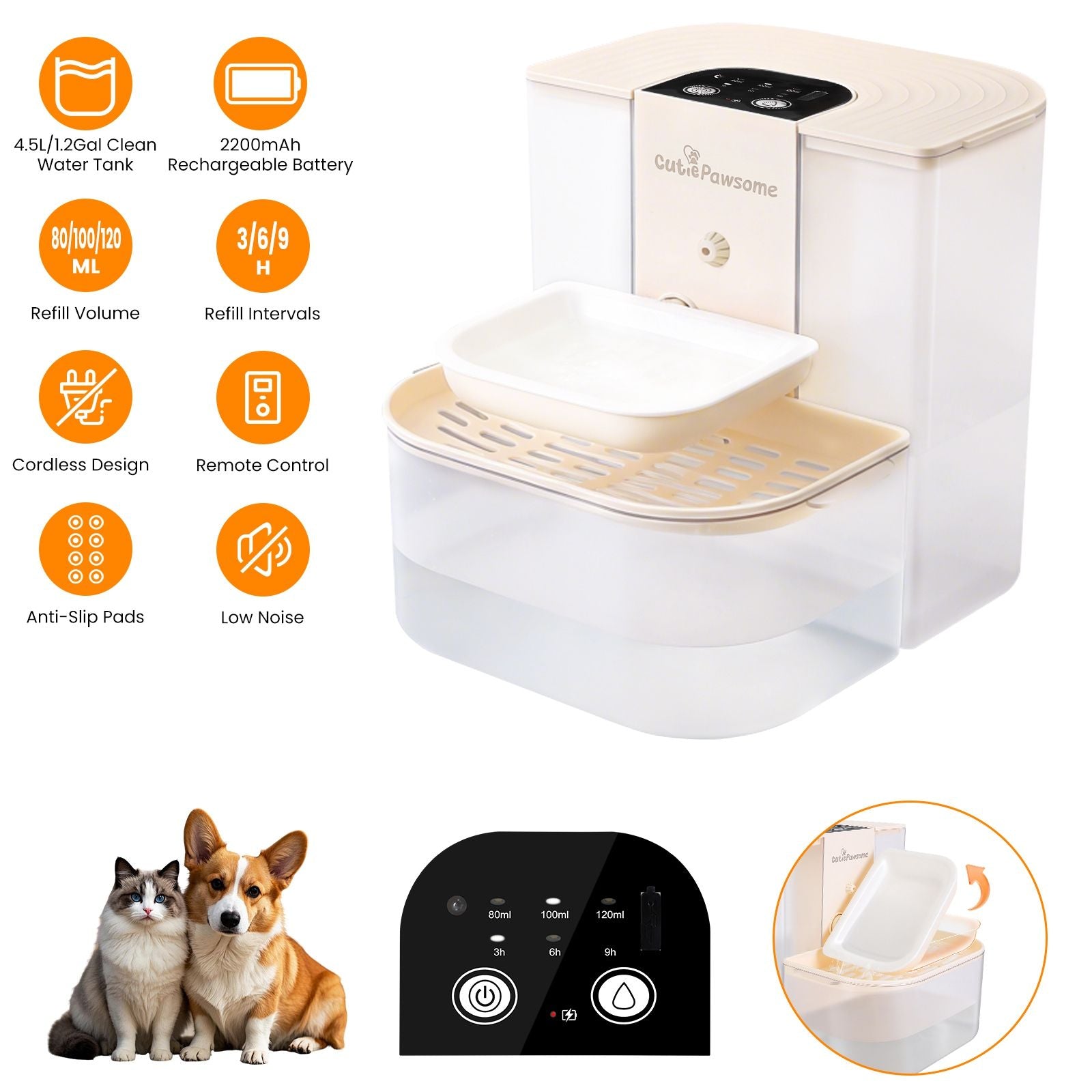 Beige cordless automatic pet water fountain with top control panel and open basin