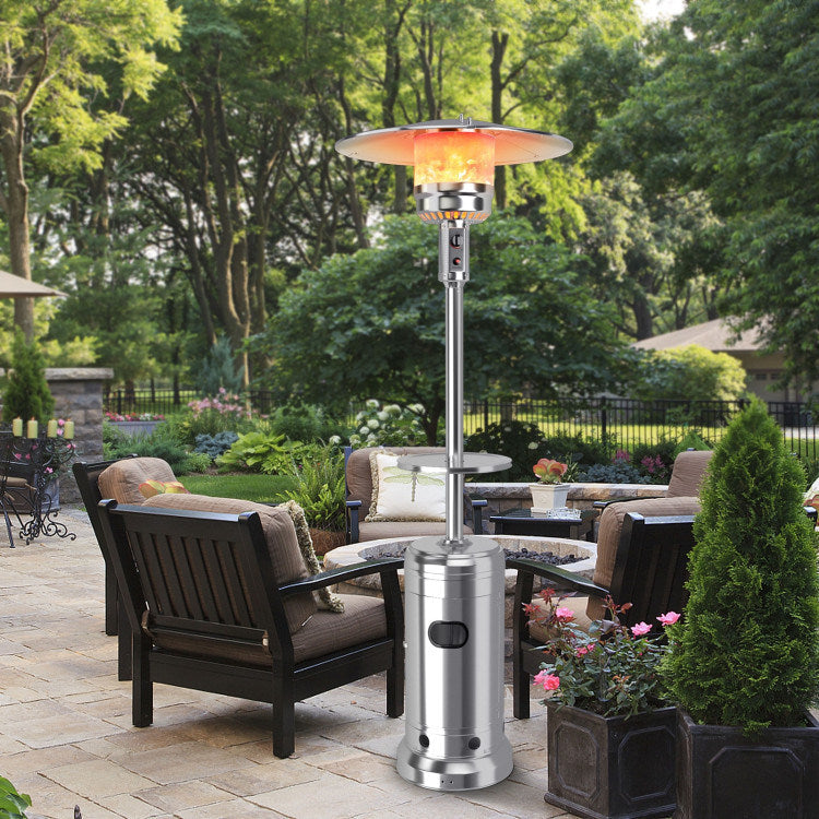 Silver standing propane patio heater with round heat reflector and tabletop ring