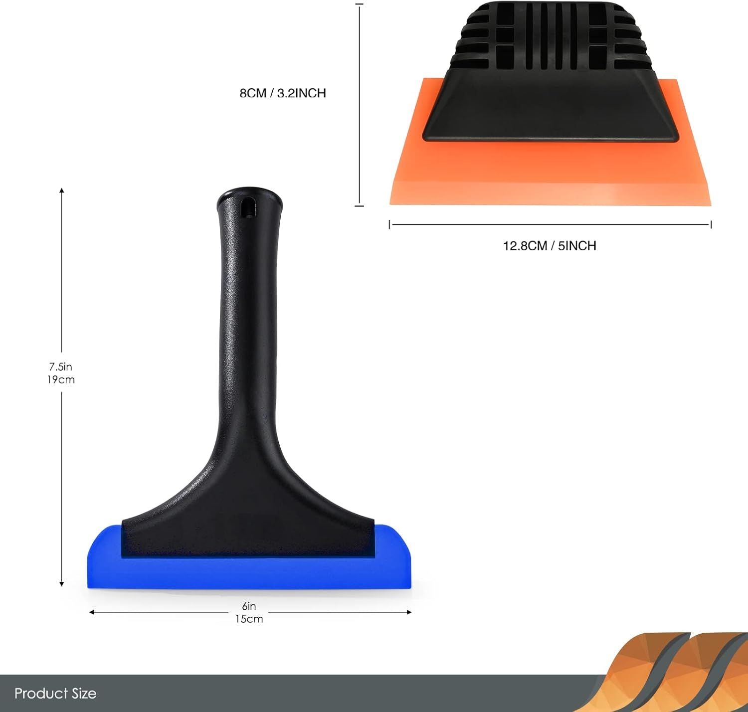 Small handheld squeegee with black handle, blue edge and orange blade, front view