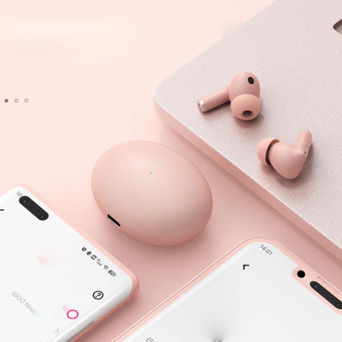 Pink wireless earbuds with charging case on a flat charging dock surface