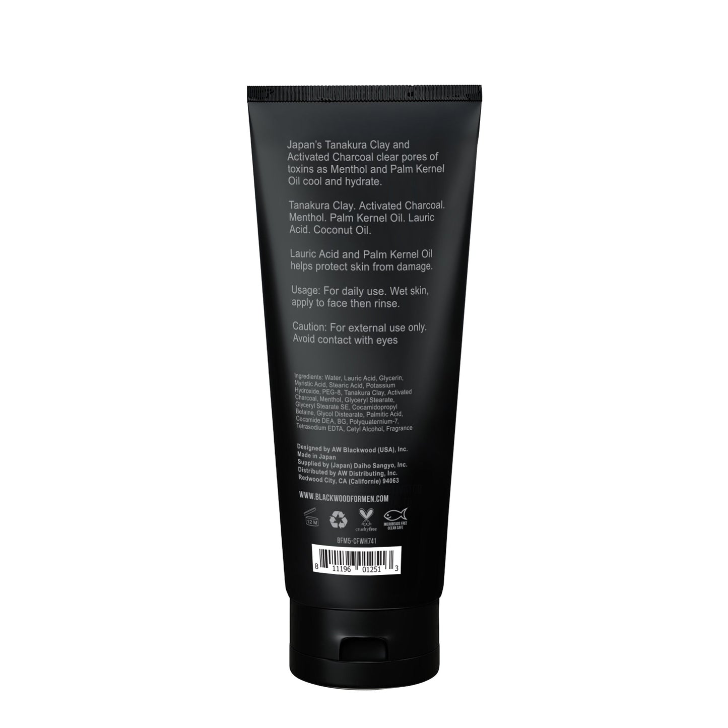 Cooling clay facial wash by BLACKWOOD FOR MEN, back label with ingredients