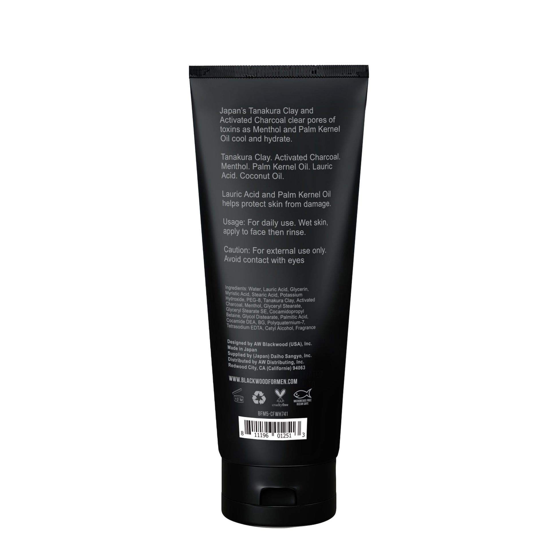 Cooling clay facial wash by BLACKWOOD FOR MEN, back label with ingredients