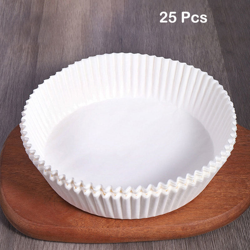 Air fryer paper liner mat, white round pleated liner labeled 25 pcs