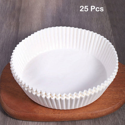 Air fryer paper liner mat, white round pleated liner labeled 25 pcs