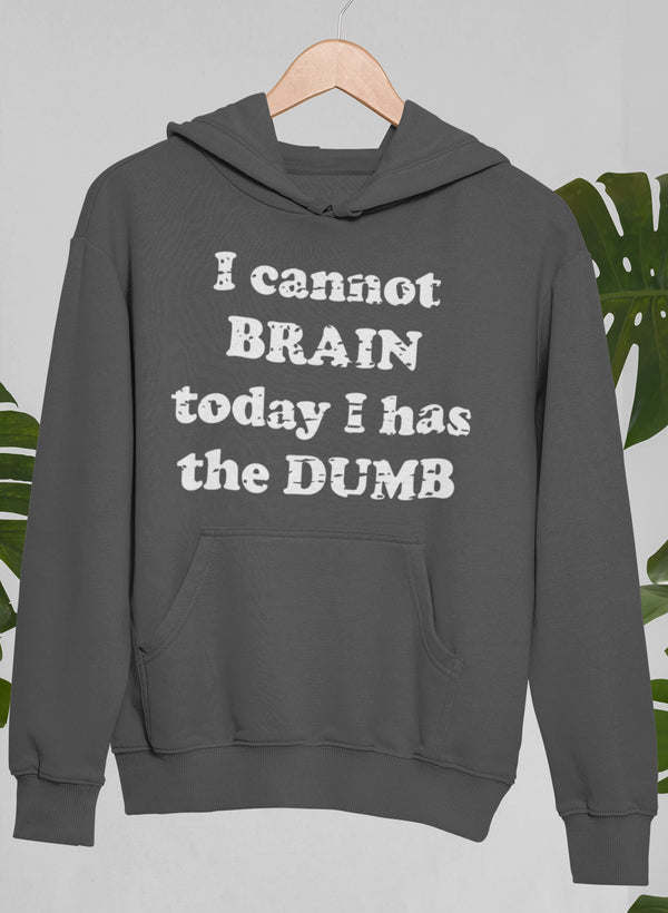 Black pullover hoodie with hood, front pocket, and large white graphic text