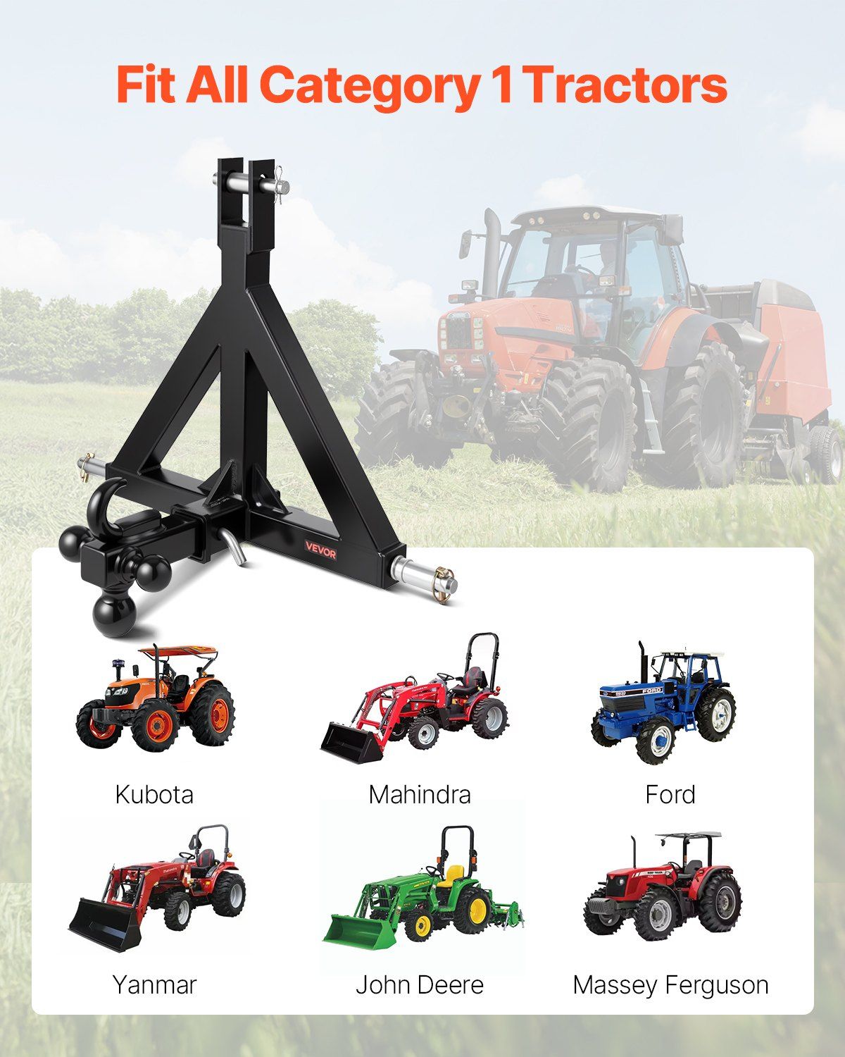 3-point trailer hitch with three trailer balls and mounted receiver shank