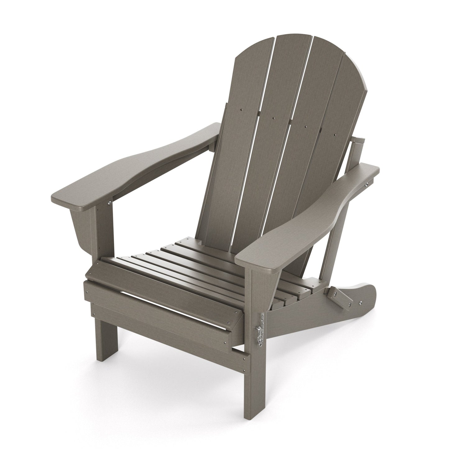 Folding Adirondack-style patio chair with slatted seat and tall curved back in dark gray.