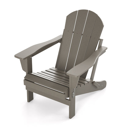 Folding Adirondack-style patio chair with slatted seat and tall curved back in dark gray.