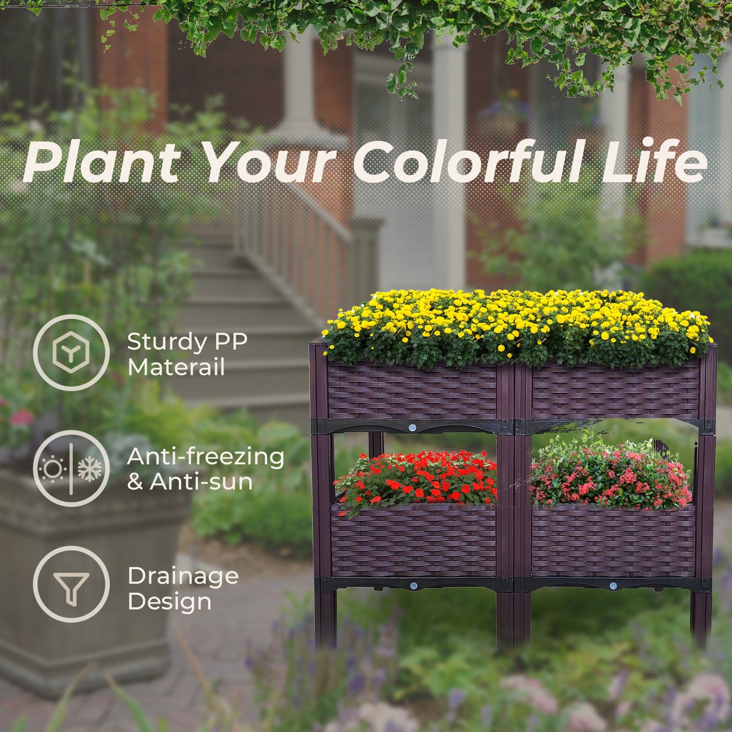 Dark purple raised garden bed planter with four compartments and legs, flowering plants inside