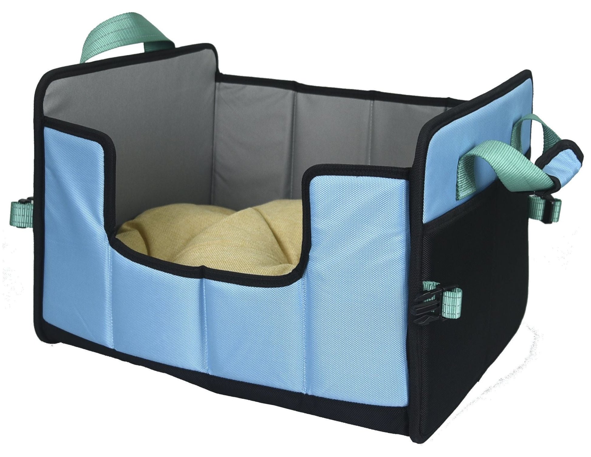 Pet Life Travel-Nest folding pet bed, blue interior with black edges and beige cushion