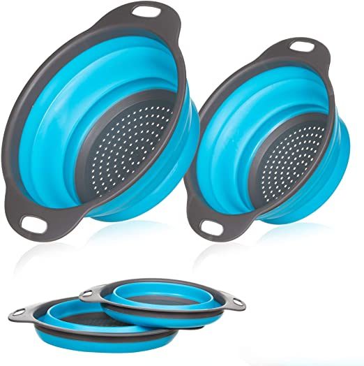 Collapsible silicone colander set of 2, blue baskets with perforated drain panels and handles