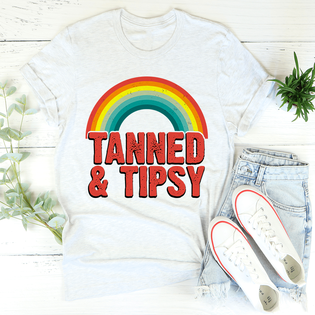Light crewneck T-shirt with rainbow arc graphic and bold red-and-black text print