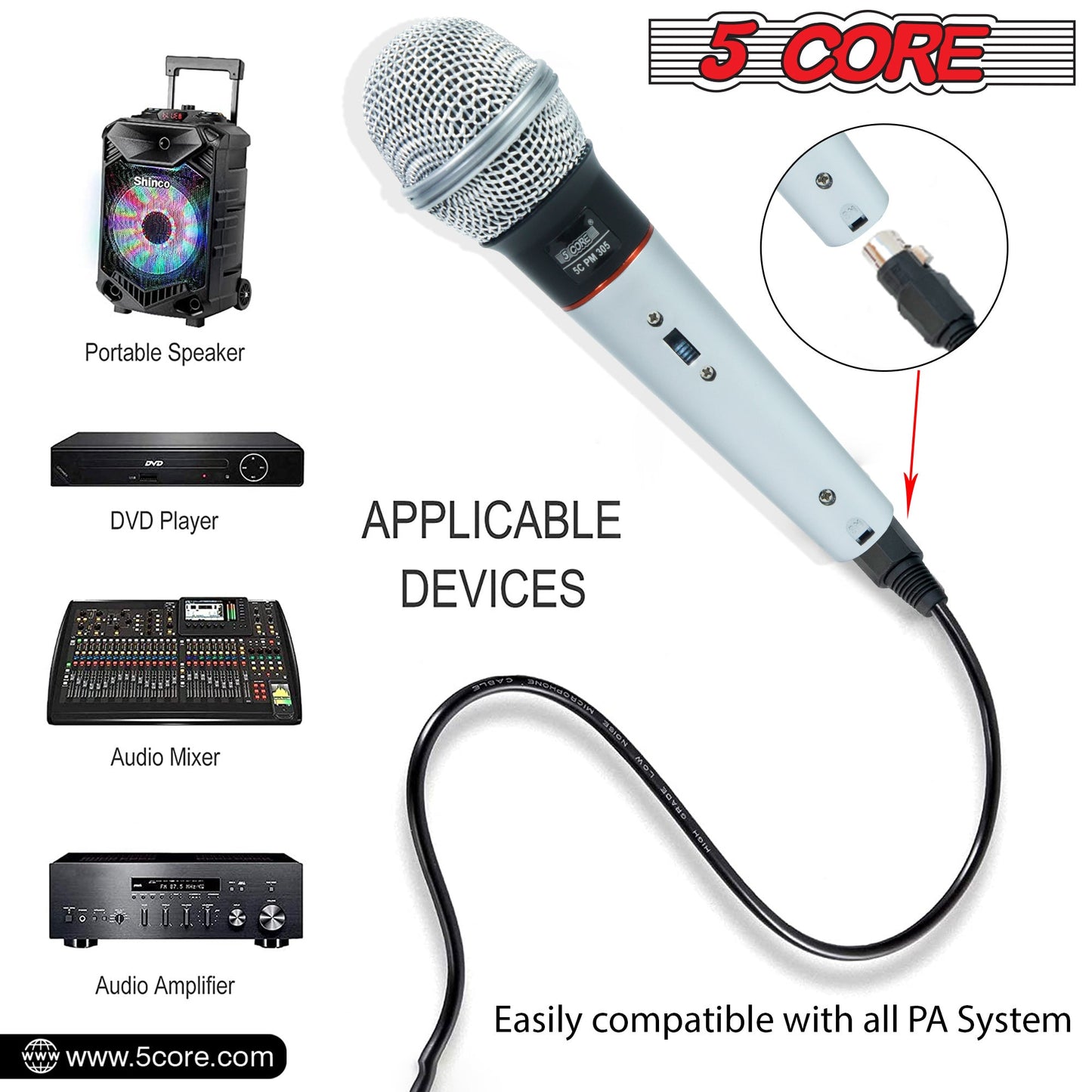 Handheld wired microphone with silver mesh head and light blue handle, connected cable.