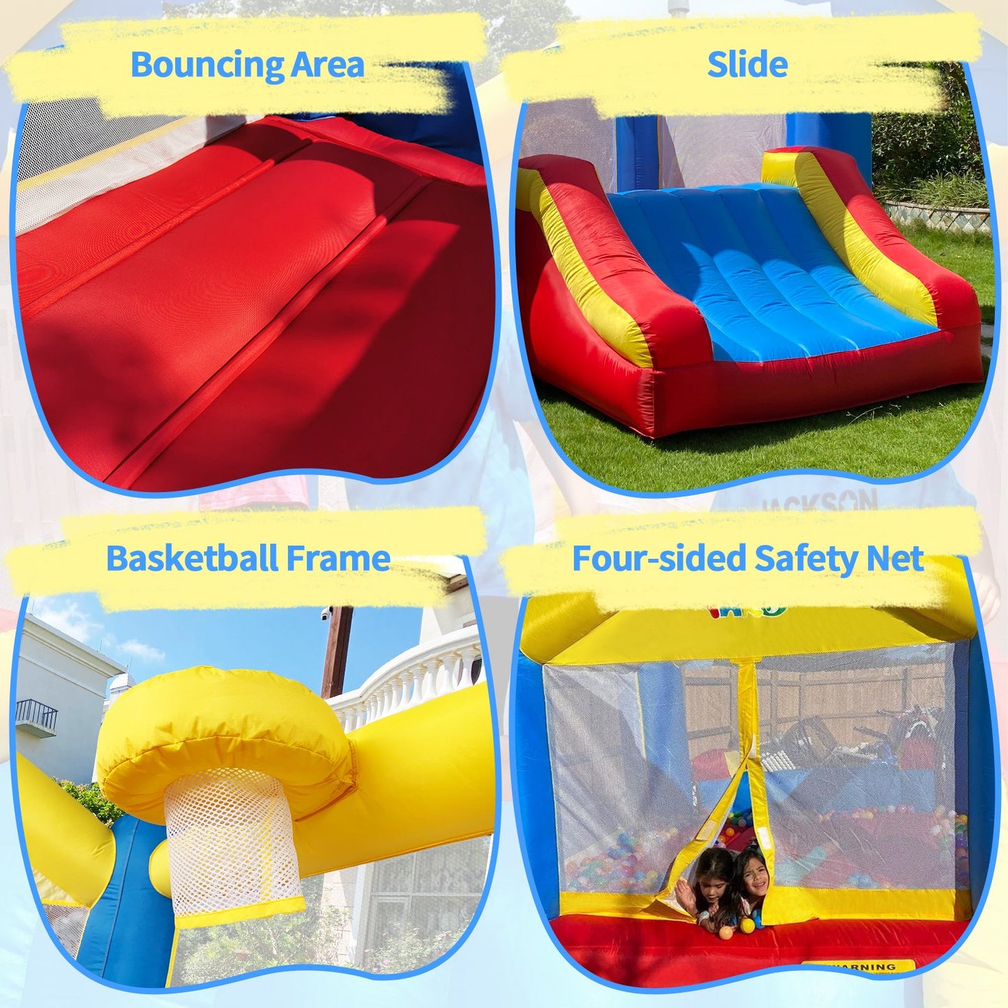 Inflatable bounce house features: bouncing area, slide, basketball frame, mesh safety net