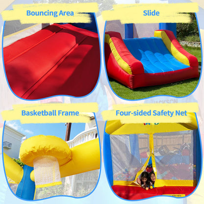 Inflatable bounce house features: bouncing area, slide, basketball frame, mesh safety net
