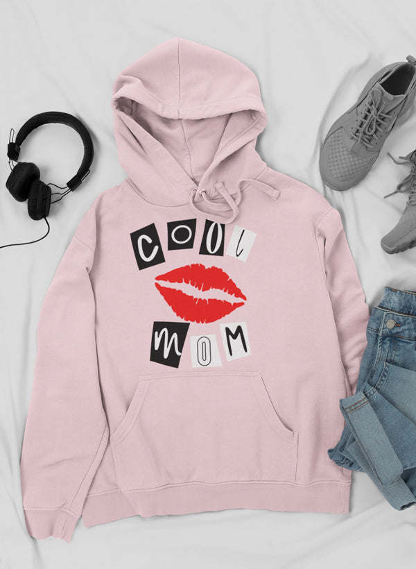Light pink hoodie with red lips graphic and 'cool mom' print, front pocket, hood