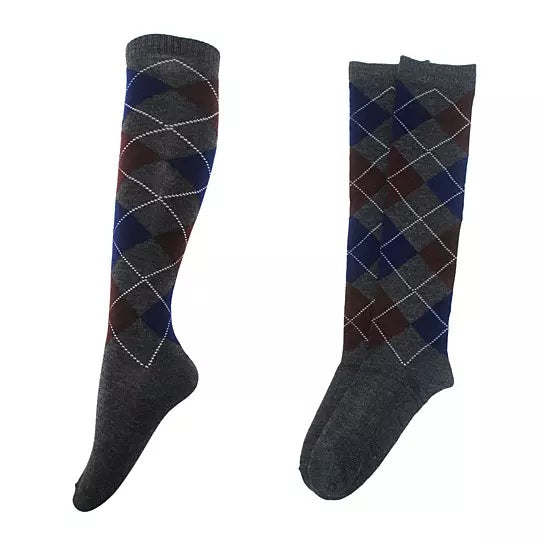 Compression long socks, dark with multicolor argyle diamond pattern, two socks
