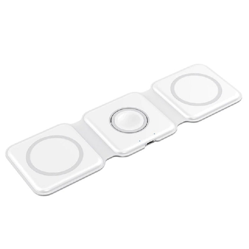 Foldable white wireless charger base with three circular charging spots